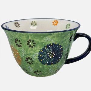 Signature Large Boho Coffe Mug Cafe Cup Latte Stoneware Green.
